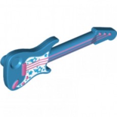 Dark Azure Minifig, Utensil Guitar Electric with White Pickguard with Stars and Metallic Pink Strings, Bridge and Output Jack Pattern