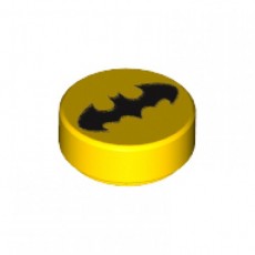 Yellow Tile, Round 1 x 1 with Black Bat Batman Logo Pattern