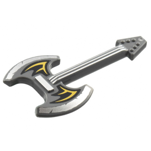 Dark Bluish Gray Minifigure, Utensil Guitar Electric Axe with Silver Blades and Strings, Black and Gold Bat Wings Pattern