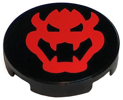 Black Tile, Round 2 x 2 with Bottom Stud Holder with Red Bowser Head Pattern