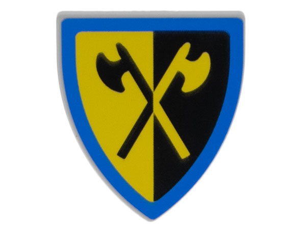 Minifigure, Shield Triangular with Yellow and Black Crossed Halberds and Blue Border Pattern