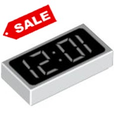 White Tile 1 x 2 with Clock Digital Pattern - '12:01' or '10:21'